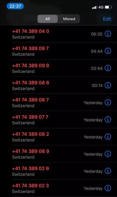 Пропущенные звонки Wangiri на iPhone.