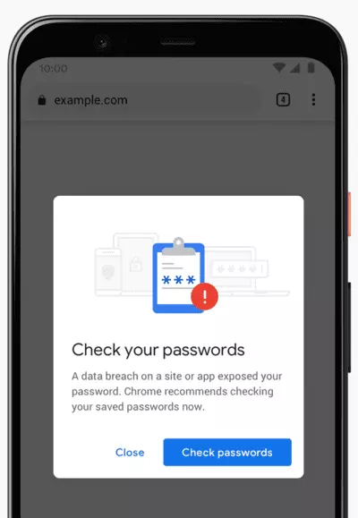 Уведомление Chrome при использовании утечки пароля на смартфоне
